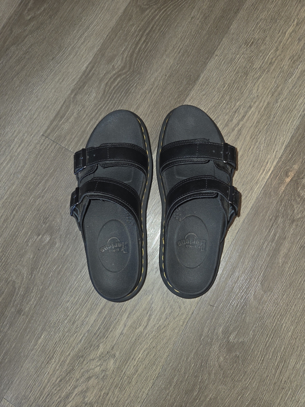 Dr. Martens Black Double Buckle Slide Sandals with Yellow Welt Stitch
